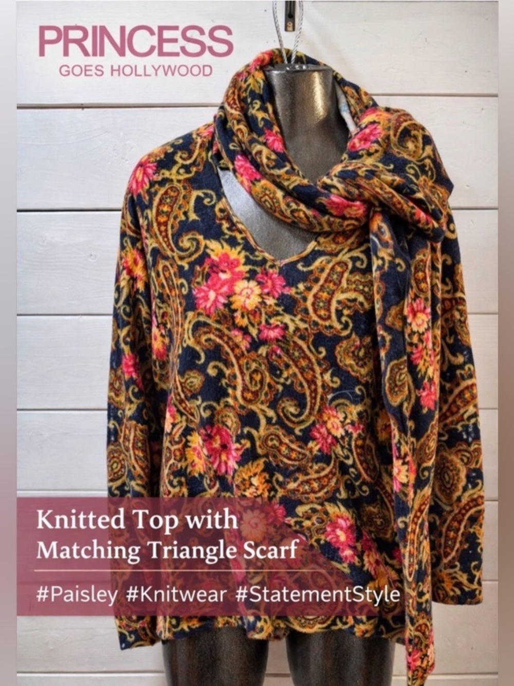 PRINCESS GOES HOLLYWOOD Paisley Knit Top with Matching Triangle Scarf Size 36